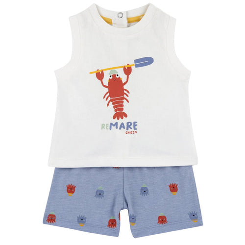 Boys White and Light Blue Graphic Printed T-Shirt with Shorts