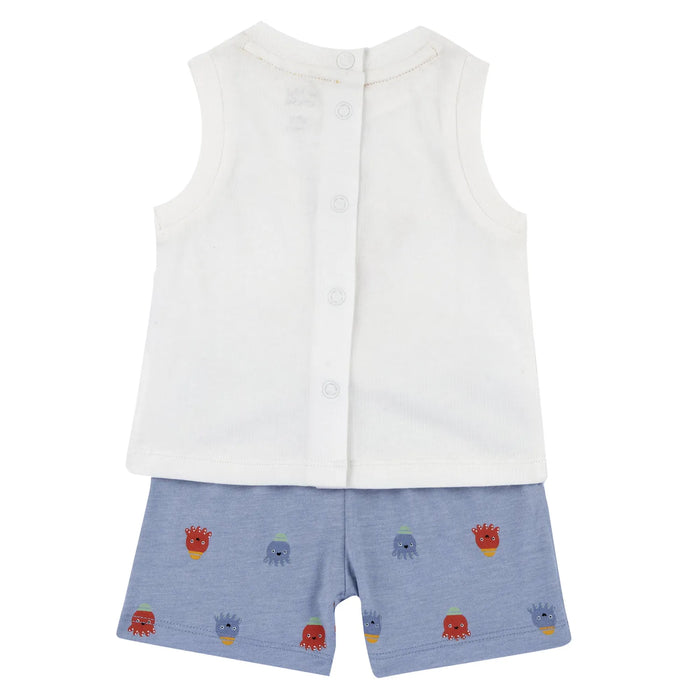 Boys White and Light Blue Graphic Printed T-Shirt with Shorts