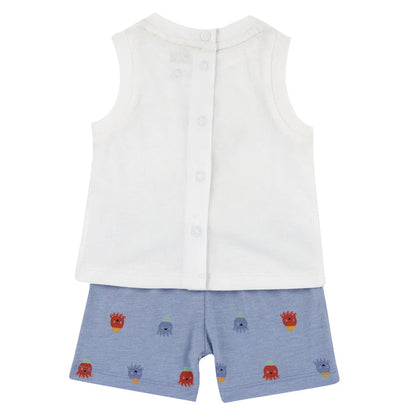 Boys White and Light Blue Graphic Printed T-Shirt with Shorts