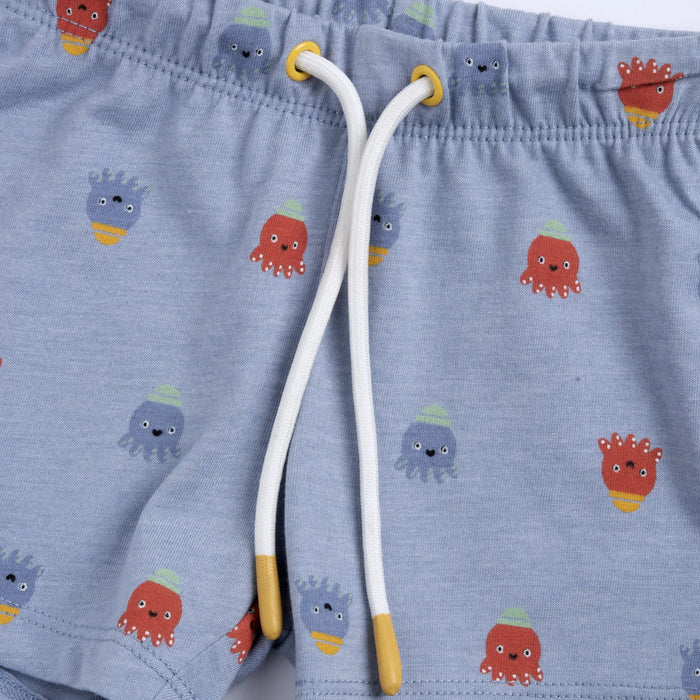 Boys White and Light Blue Graphic Printed T-Shirt with Shorts