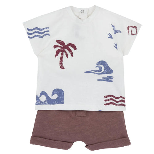 Boys White and Light Brown Printed T-Shirt with Shorts