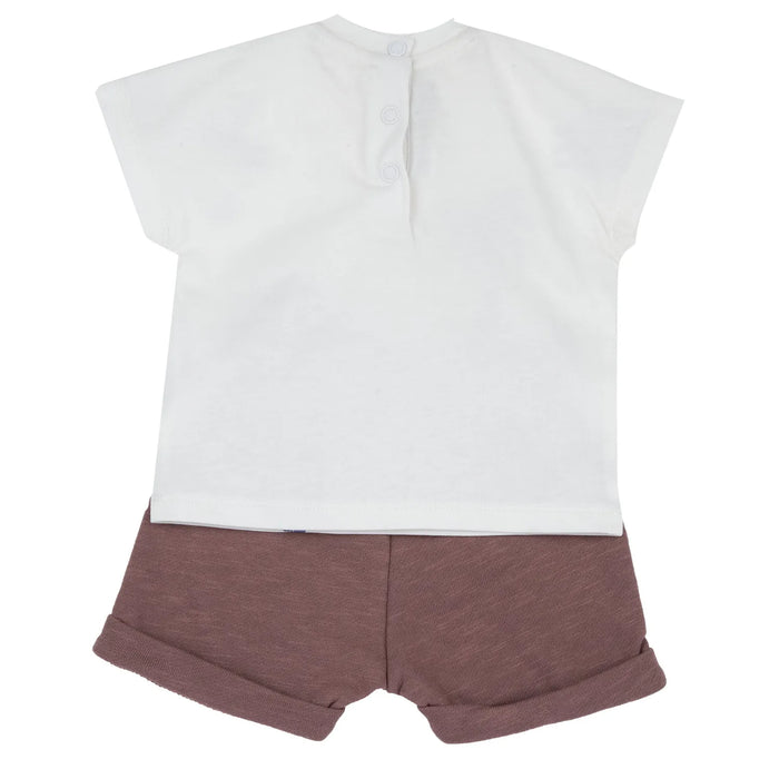 Boys White and Light Brown Printed T-Shirt with Shorts