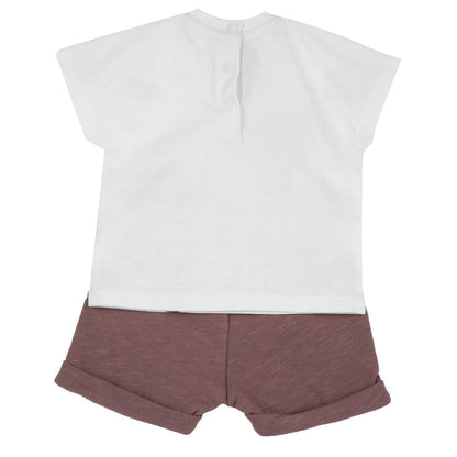 Boys White and Light Brown Printed T-Shirt with Shorts