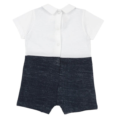 Boys White and Navy Blue Solid Romper