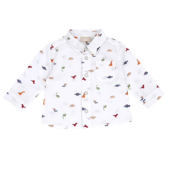 Boys White Dino Printed Long Sleeve Shirt