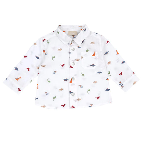 Boys White Dino Printed Long Sleeve Shirt