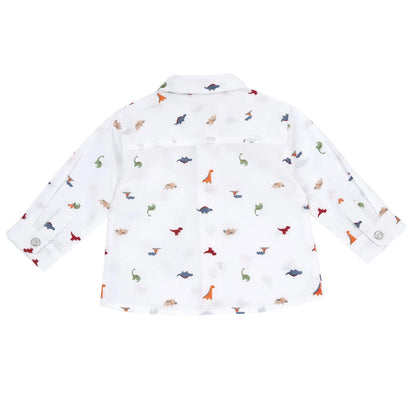 Boys White Dino Printed Long Sleeve Shirt
