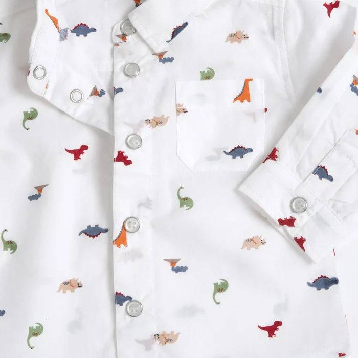 Boys White Dino Printed Long Sleeve Shirt