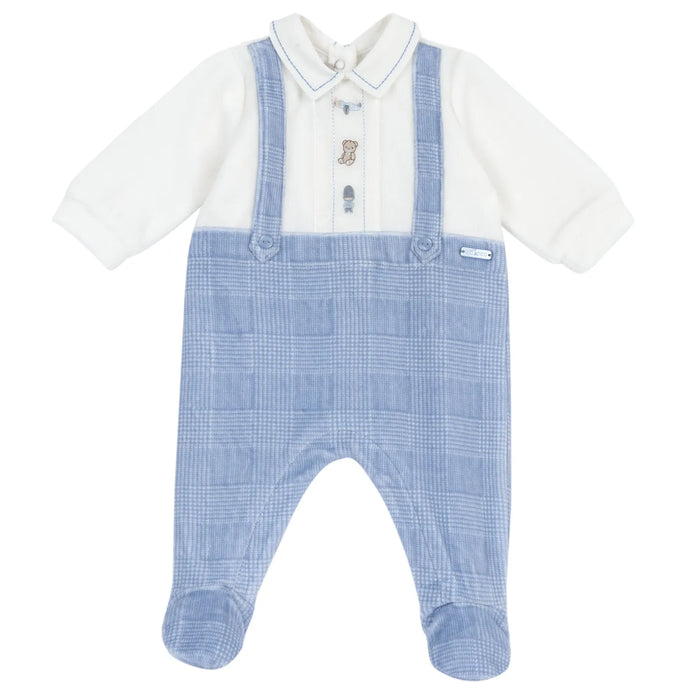 Boys White & Light Blue Embroidered Leg Opening Babysuit