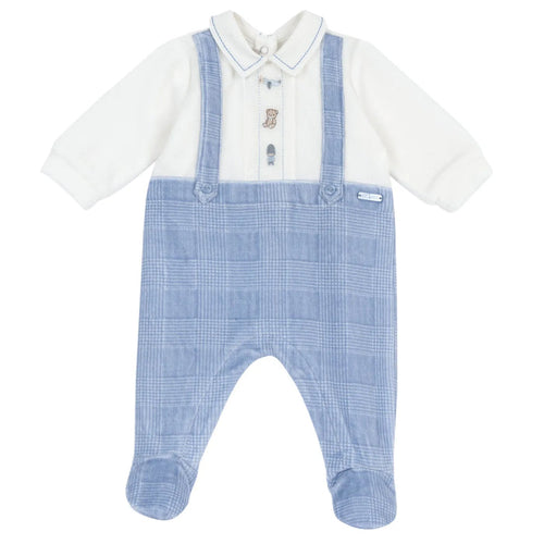 Boys White & Light Blue Embroidered Leg Opening Babysuit