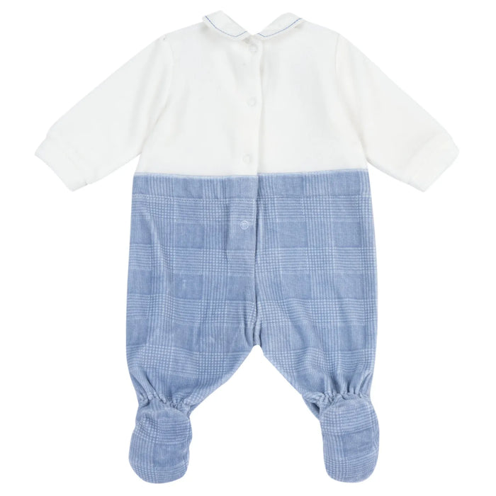 Boys White & Light Blue Embroidered Leg Opening Babysuit