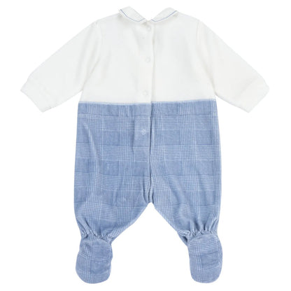 Boys White & Light Blue Embroidered Leg Opening Babysuit