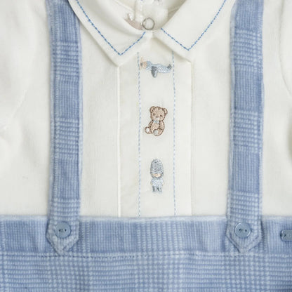 Boys White & Light Blue Embroidered Leg Opening Babysuit