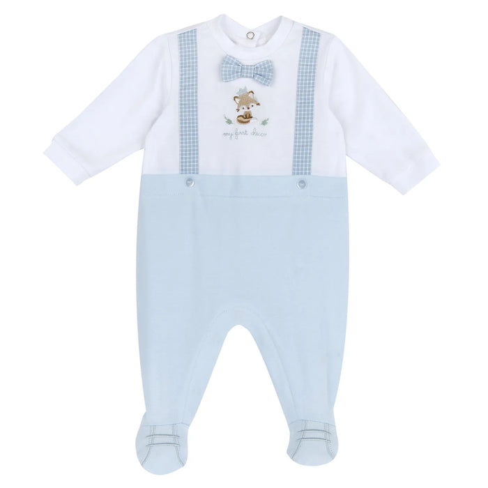 Boys White & Light Blue Embroidered Leg Opening Babysuit