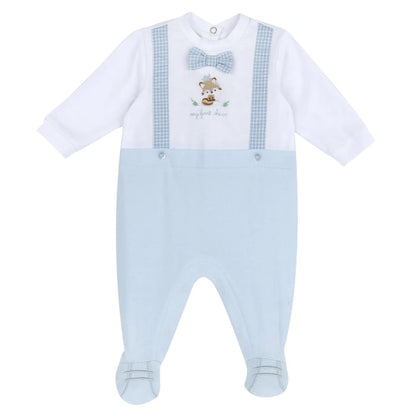 Boys White & Light Blue Embroidered Leg Opening Babysuit
