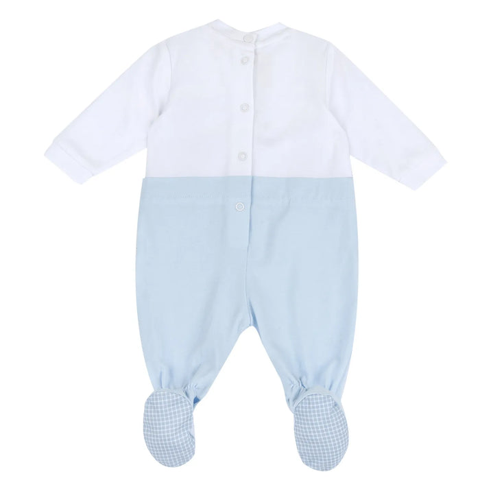 Boys White & Light Blue Embroidered Leg Opening Babysuit