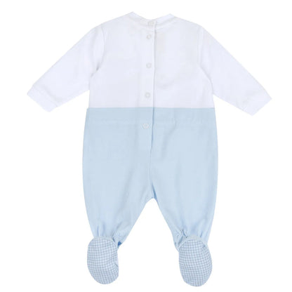 Boys White & Light Blue Embroidered Leg Opening Babysuit