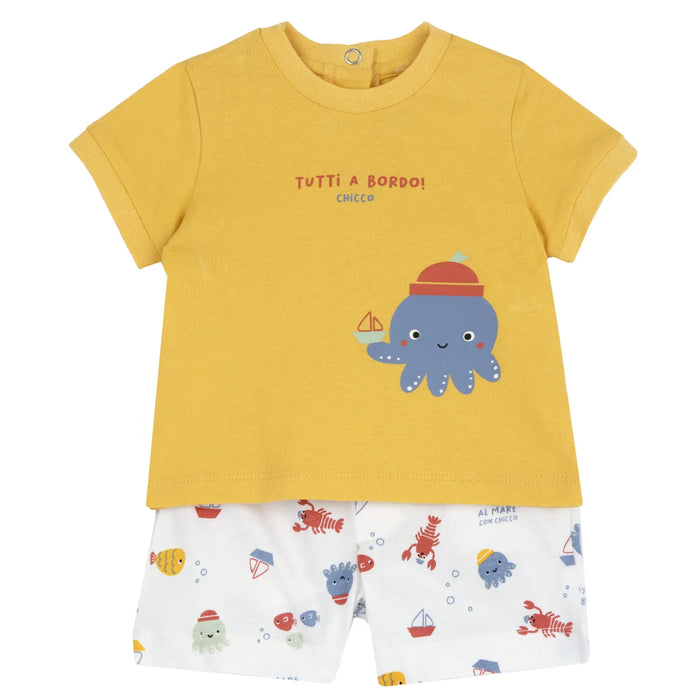 Boys Yellow and White Printed T-Shirt with Shorts