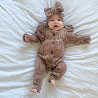 Brown ribbed baby romper with frill sleeves and bow headwrap, button front, 'Indie' print