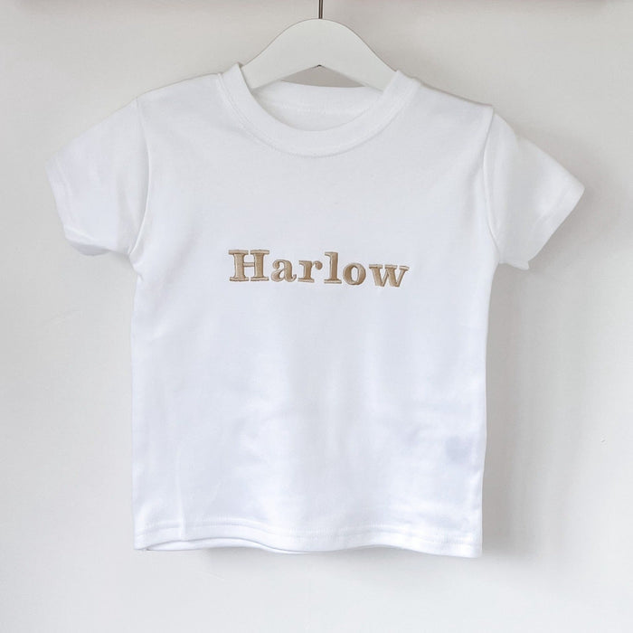 White kids crew-neck T-shirt with 'Harlow' front print in close-up