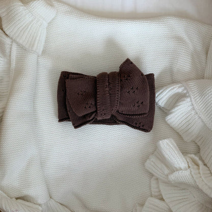 Cocoa brown pointelle bow headband with folded bow and stitched center