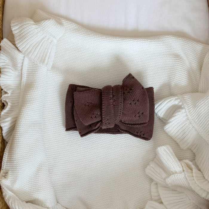 Cocoa brown pointelle bow headband with gathered middle and scalloped bow edges