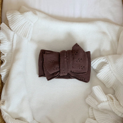 Cocoa brown pointelle bow headband with gathered middle and scalloped bow edges