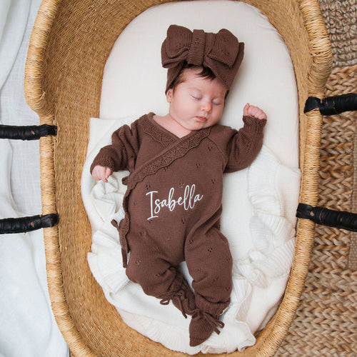 Personalised cocoa-brown pointelle kimono romper with bow and 'Isabella' print