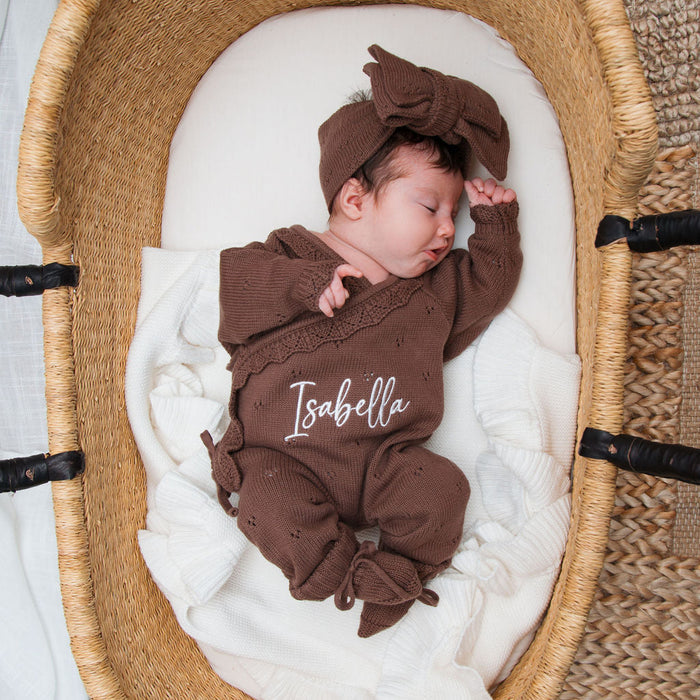 Personalised cocoa-brown kimono romper with bow headband and 'Isabella' front print
