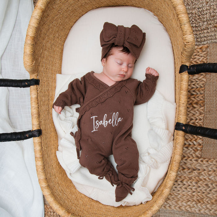 Personalised cocoa-brown pointelle kimono romper, 'Isabella' name on chest