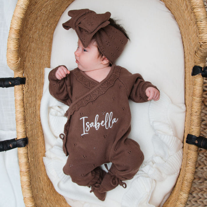 Personalised cocoa-brown kimono romper with bow, 'Isabella' name on front