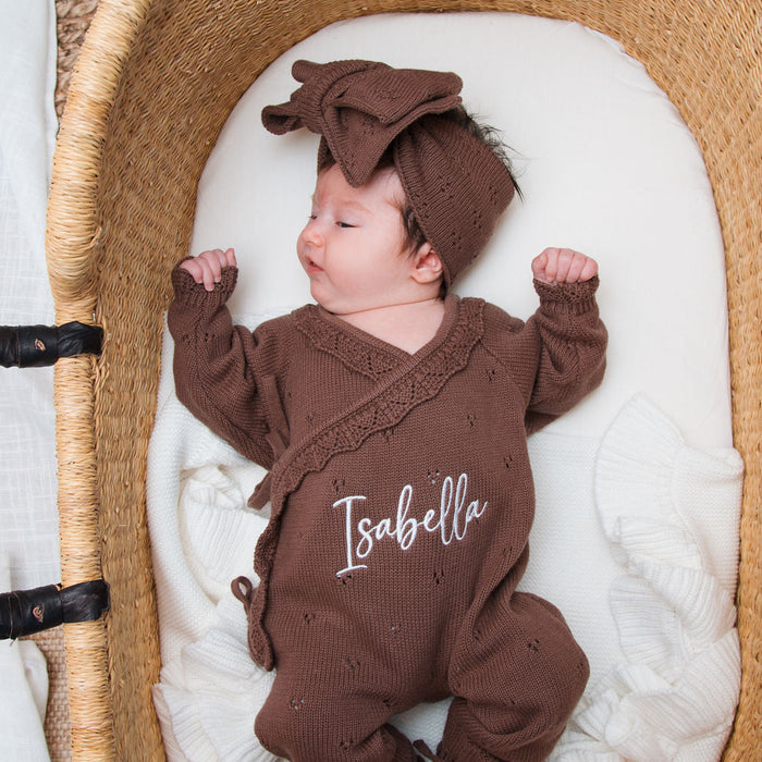 Personalised cocoa-brown pointelle kimono romper with bow headband and 'Isabella' print