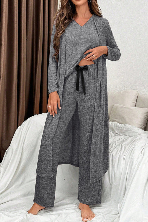 Dark Grey 3pcs V Neck T Shirt Ribbon Knot Pants Open Duster 3pcs Lounge Set 🇺🇸