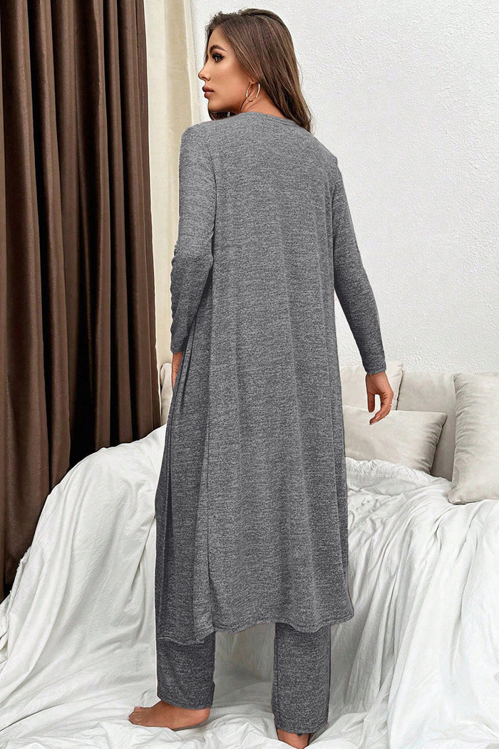 Dark Grey 3pcs V Neck T Shirt Ribbon Knot Pants Open Duster 3pcs Lounge Set 🇺🇸