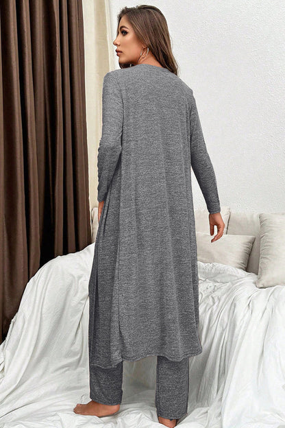 Dark Grey 3pcs V Neck T Shirt Ribbon Knot Pants Open Duster 3pcs Lounge Set 🇺🇸
