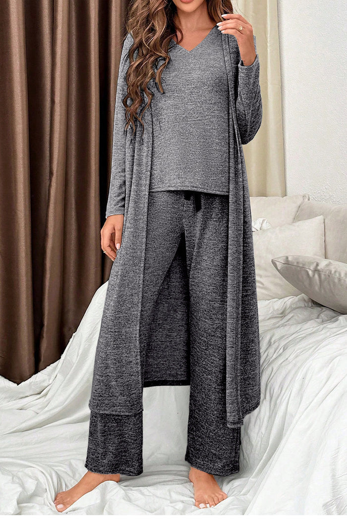 Dark Grey 3pcs V Neck T Shirt Ribbon Knot Pants Open Duster 3pcs Lounge Set 🇺🇸