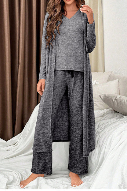 Dark Grey 3pcs V Neck T Shirt Ribbon Knot Pants Open Duster 3pcs Lounge Set 🇺🇸