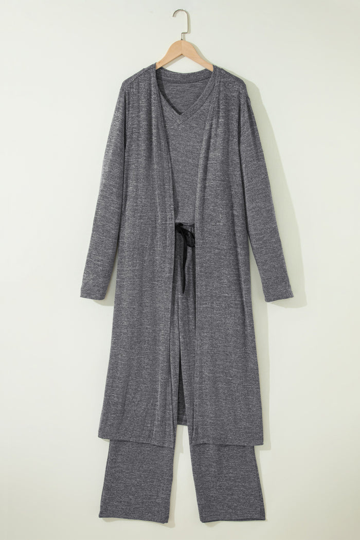 Dark Grey 3pcs V Neck T Shirt Ribbon Knot Pants Open Duster 3pcs Lounge Set 🇺🇸