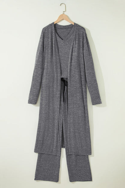 Dark Grey 3pcs V Neck T Shirt Ribbon Knot Pants Open Duster 3pcs Lounge Set 🇺🇸