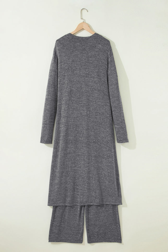 Dark Grey 3pcs V Neck T Shirt Ribbon Knot Pants Open Duster 3pcs Lounge Set 🇺🇸
