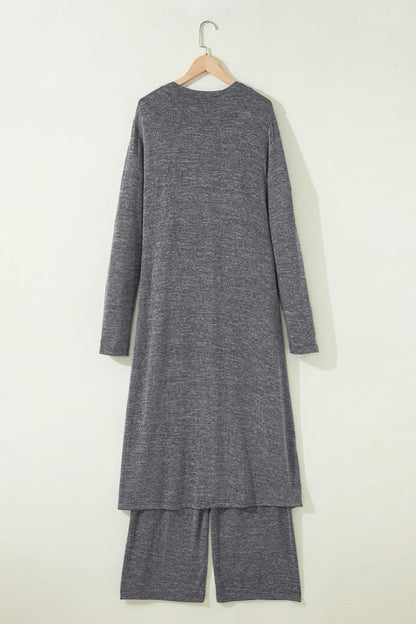 Dark Grey 3pcs V Neck T Shirt Ribbon Knot Pants Open Duster 3pcs Lounge Set 🇺🇸