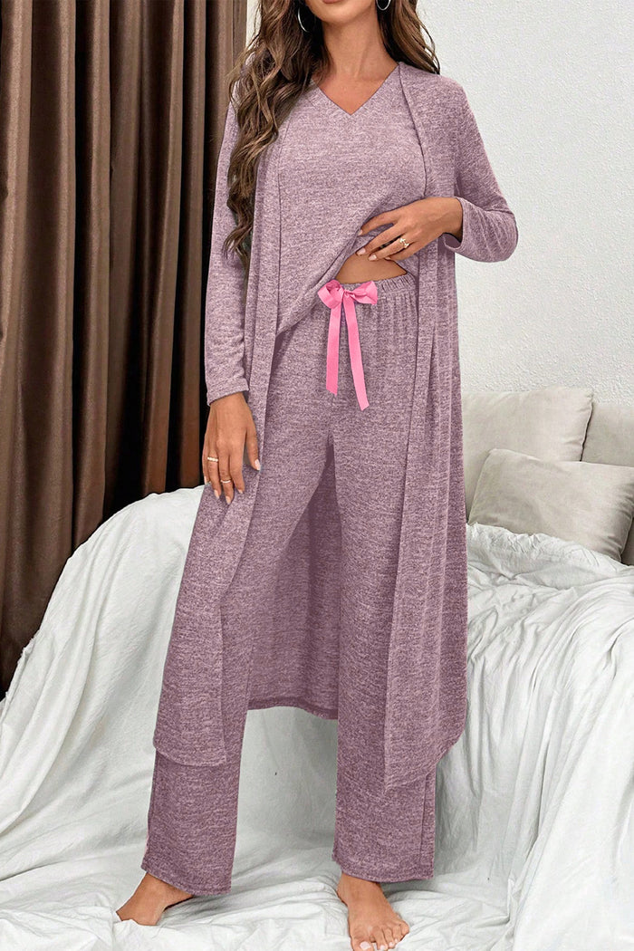 Delicacy 3pcs V Neck T Shirt Ribbon Knot Pants Open Duster 3pcs Lounge Set 🇺🇸