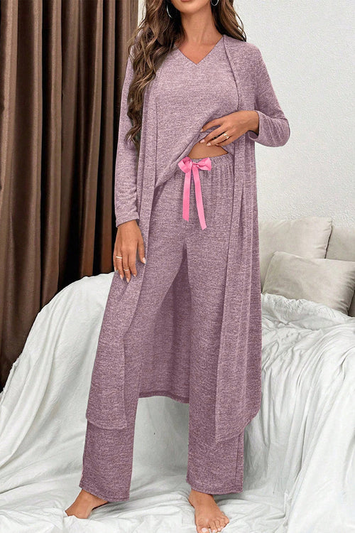 Delicacy 3pcs V Neck T Shirt Ribbon Knot Pants Open Duster 3pcs Lounge Set 🇺🇸