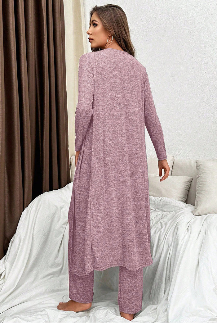Delicacy 3pcs V Neck T Shirt Ribbon Knot Pants Open Duster 3pcs Lounge Set 🇺🇸