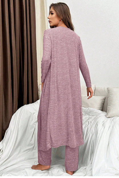 Delicacy 3pcs V Neck T Shirt Ribbon Knot Pants Open Duster 3pcs Lounge Set 🇺🇸