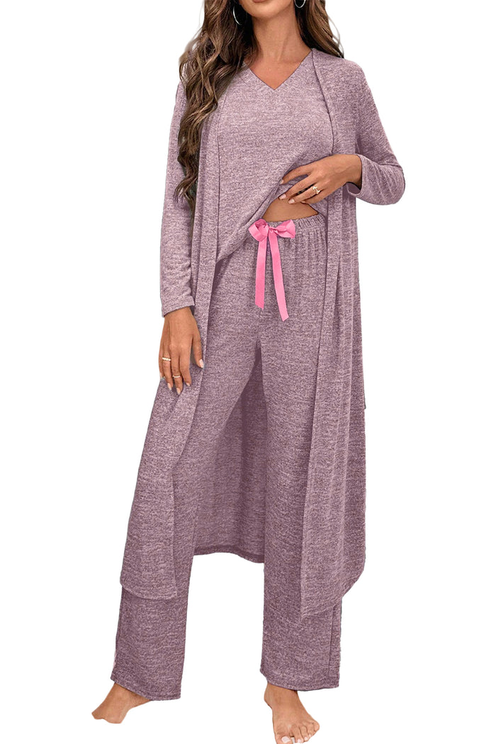 Delicacy 3pcs V Neck T Shirt Ribbon Knot Pants Open Duster 3pcs Lounge Set 🇺🇸