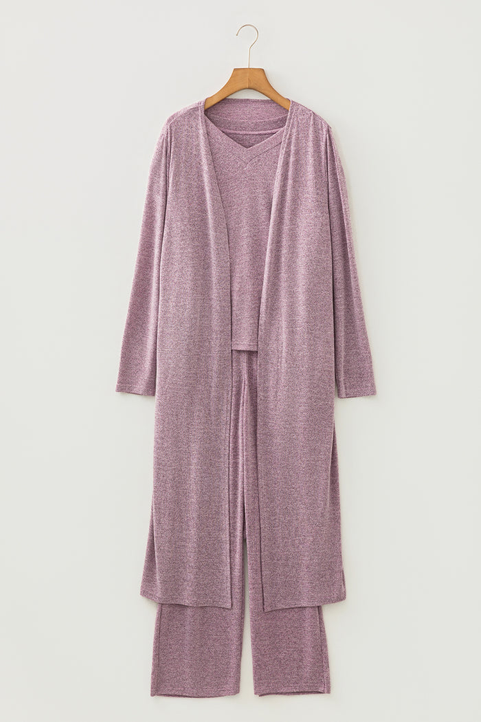 Delicacy 3pcs V Neck T Shirt Ribbon Knot Pants Open Duster 3pcs Lounge Set 🇺🇸