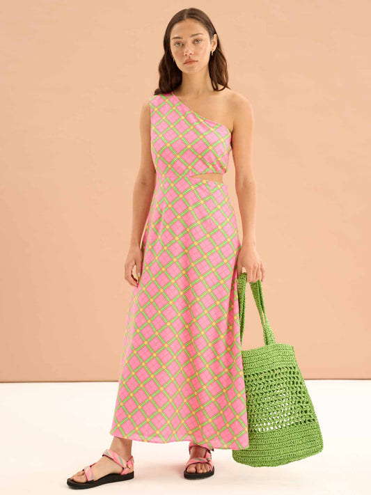 Evaline Check Print One Shoulder Dress