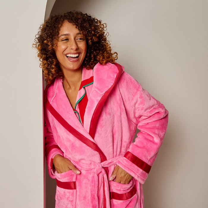 Flannel Fleece Piped Edge Dressing Gown, Adults - Pink/Red 🇬🇧