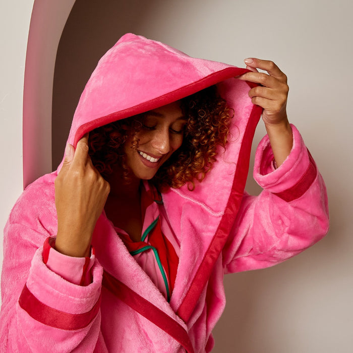 Flannel Fleece Piped Edge Dressing Gown, Adults - Pink/Red 🇬🇧